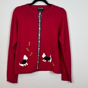 VTG nan hadden studio Red embroidered Scottie Dog Cardigan‎ Womens Large Linen